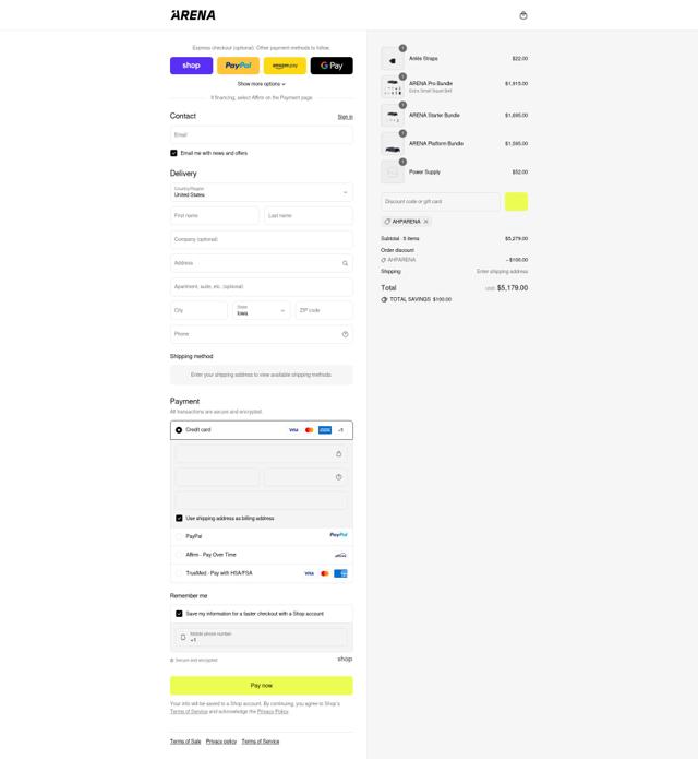 ARENA checkout page showing ARENA promo code box | Screenshot taken by SimplyCodes community member on Sep 12, 2025