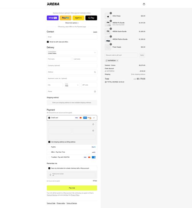 ARENA checkout page showing ARENA promo code box | Screenshot taken by SimplyCodes community member on Aug 27, 2025