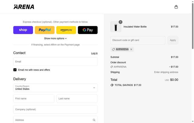 ARENA checkout page showing ARENA promo code box | Screenshot taken by SimplyCodes community member on Aug 31, 2025