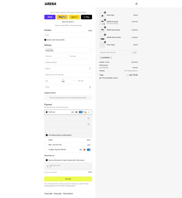 ARENA checkout page showing ARENA promo code box | Screenshot taken by SimplyCodes community member on Sep 8, 2025