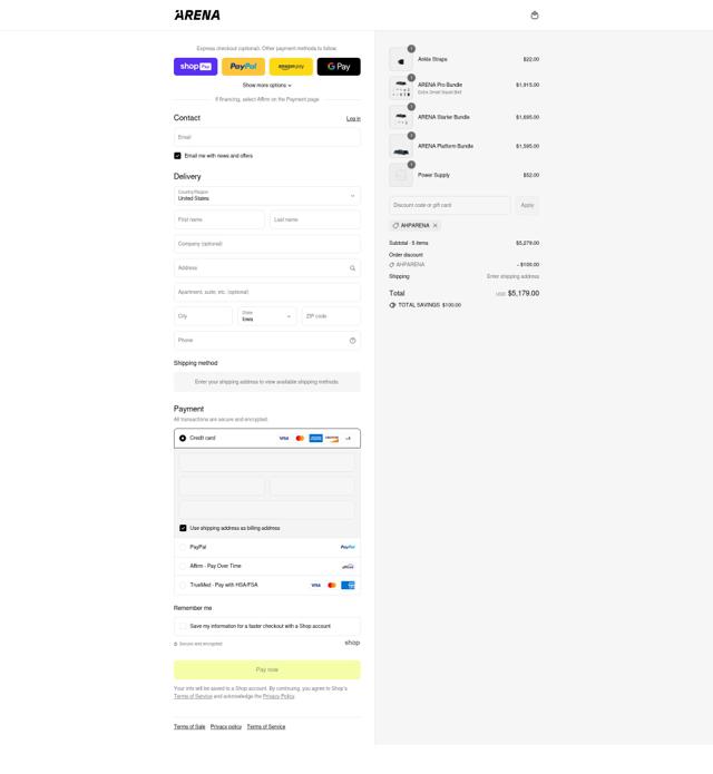 ARENA checkout page showing ARENA promo code box | Screenshot taken by SimplyCodes community member on Aug 17, 2025