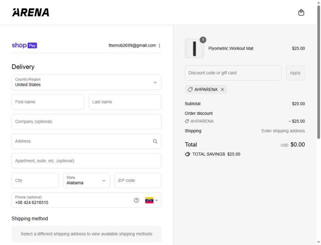 ARENA checkout page showing ARENA promo code box | Screenshot taken by SimplyCodes community member on Aug 17, 2025