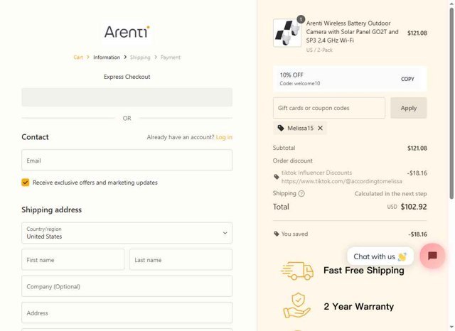 Arenti checkout page showing Arenti coupon code box | Screenshot taken by SimplyCodes community member on Aug 23, 2025