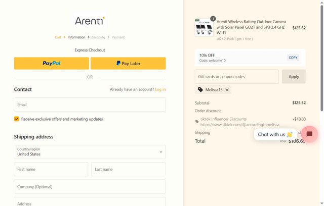 Arenti checkout page showing Arenti coupon code box | Screenshot taken by SimplyCodes community member on Apr 22, 2025
