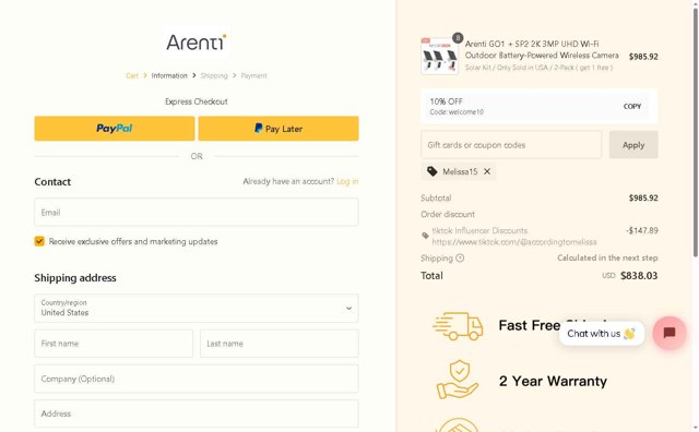 Arenti checkout page showing Arenti coupon code box | Screenshot taken by SimplyCodes community member on May 27, 2025