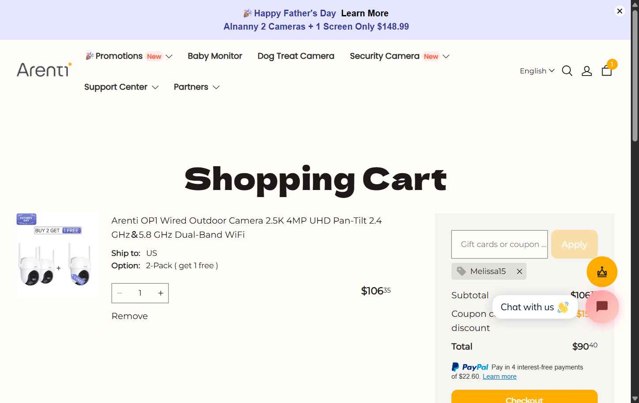 Arenti checkout page showing Arenti coupon code box | Screenshot taken by SimplyCodes community member on Jun 5, 2025