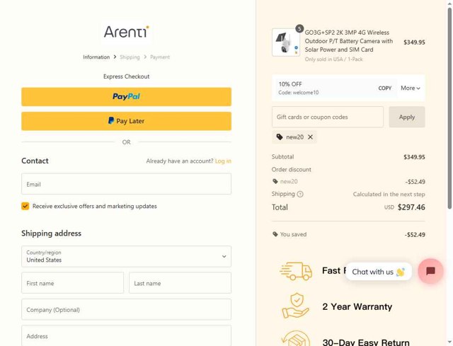 Arenti checkout page showing Arenti coupon code box | Screenshot taken by SimplyCodes community member on Jul 8, 2025