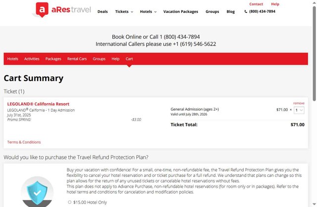 aRes Travel checkout page showing aRes Travel promo code box | Screenshot taken by SimplyCodes community member on Jul 28, 2025