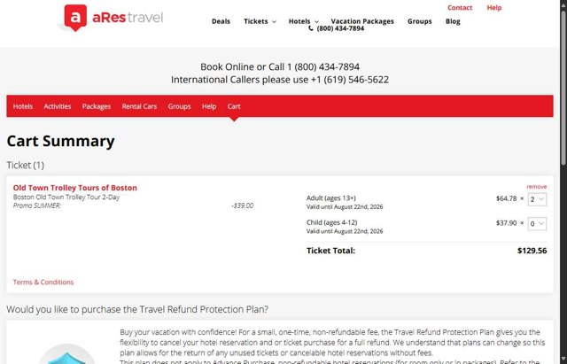 aRes Travel checkout page showing aRes Travel promo code box | Screenshot taken by SimplyCodes community member on Aug 22, 2025