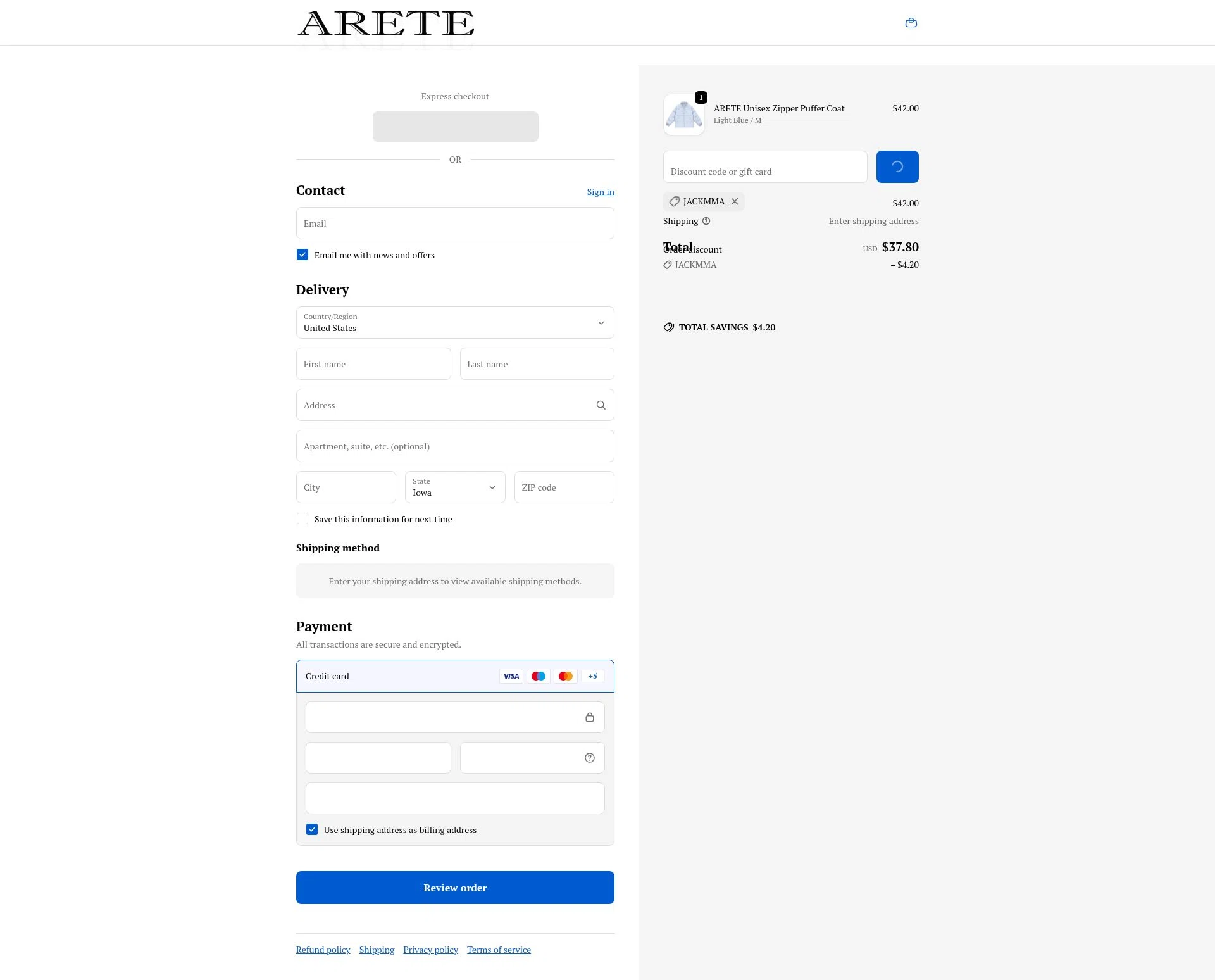 ARETE checkout page showing ARETE coupon code box | Screenshot taken by SimplyCodes community member on Feb 7, 2026