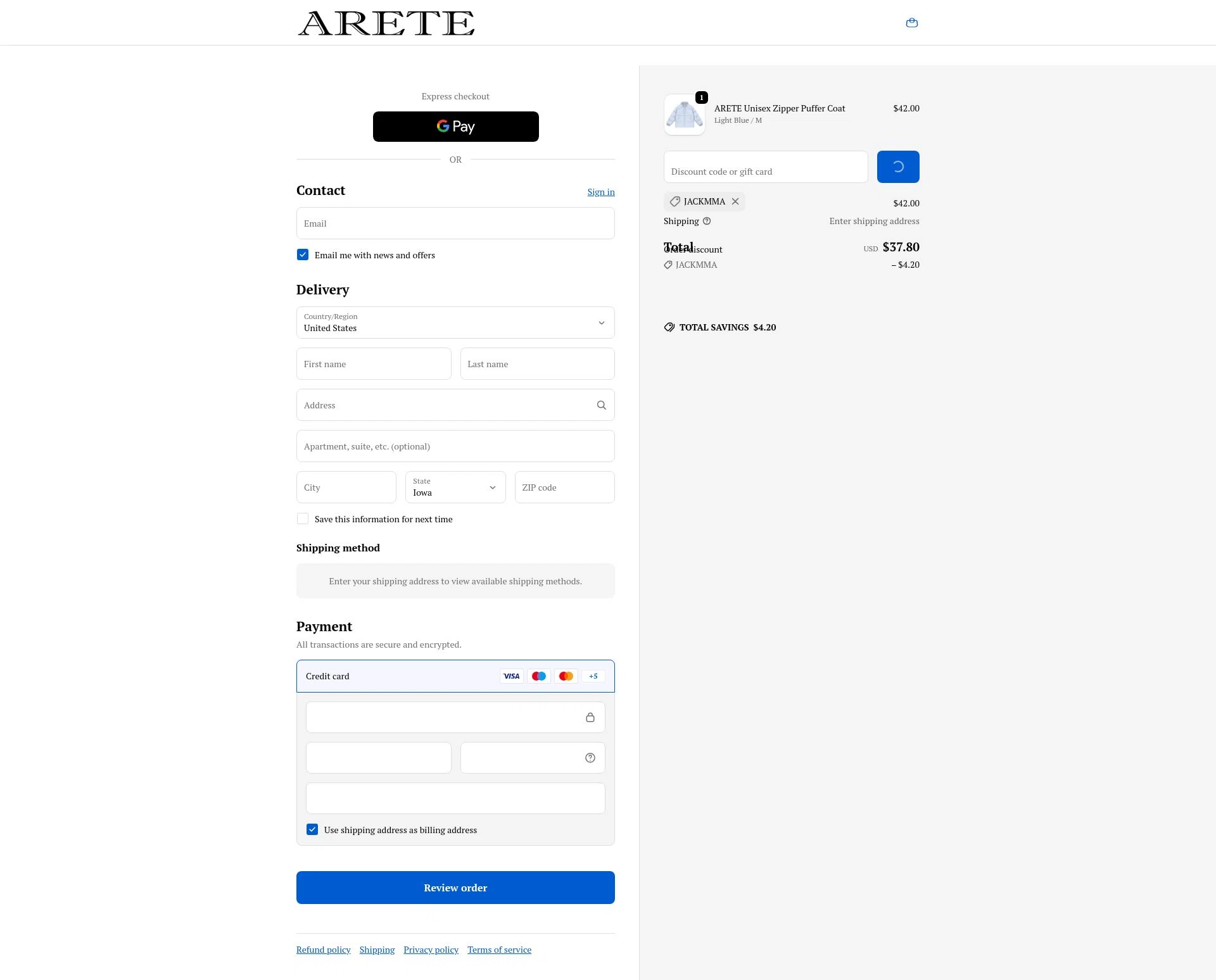 ARETE checkout page showing ARETE coupon code box | Screenshot taken by SimplyCodes community member on Feb 3, 2026