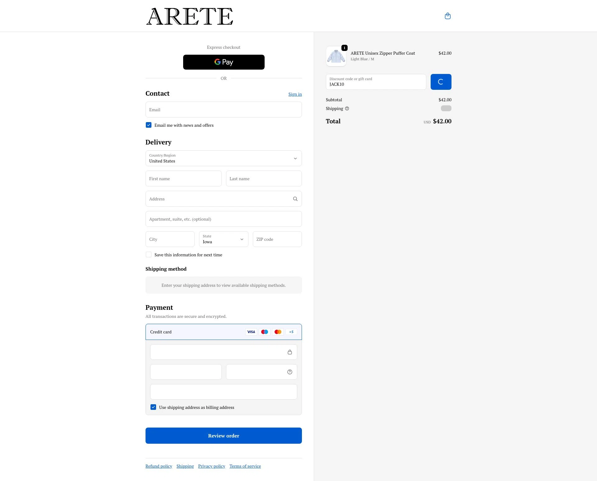 ARETE checkout page showing ARETE coupon code box | Screenshot taken by SimplyCodes community member on Feb 11, 2026