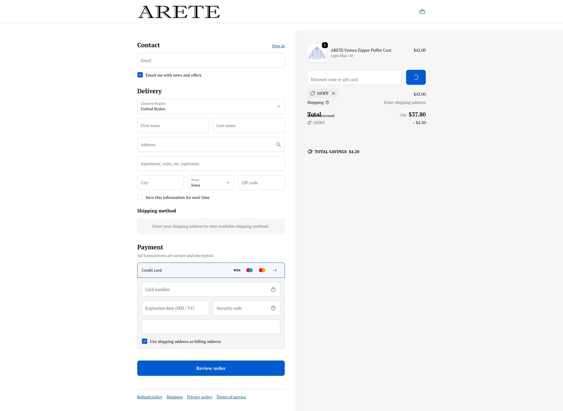 ARETE checkout page showing ARETE coupon code box | Screenshot taken by SimplyCodes community member on Feb 7, 2026