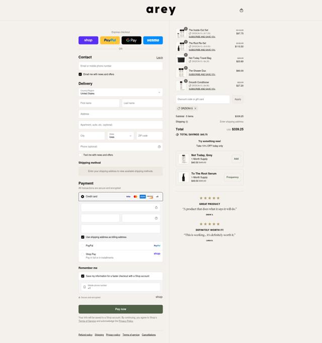 Arey checkout page showing Arey discount code box | Screenshot taken by SimplyCodes community member on Sep 7, 2025