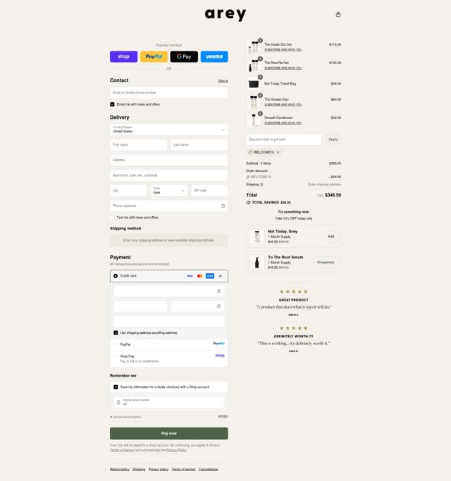 Arey checkout page showing Arey discount code box | Screenshot taken by SimplyCodes community member on Sep 11, 2025