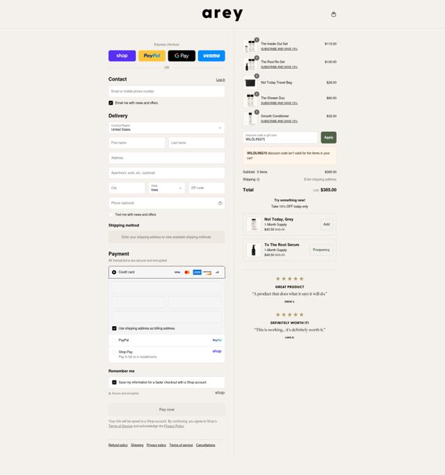 Arey checkout page showing Arey discount code box | Screenshot taken by SimplyCodes community member on Sep 7, 2025