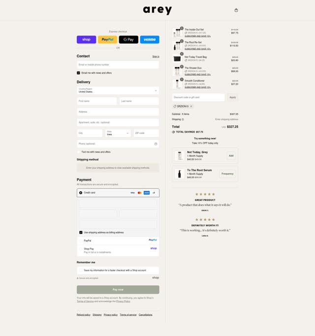 Arey checkout page showing Arey discount code box | Screenshot taken by SimplyCodes community member on Sep 11, 2025