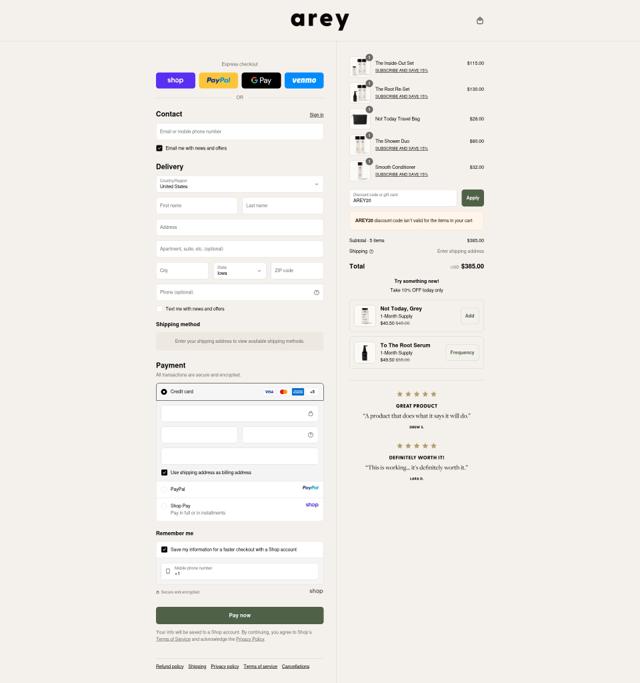 Arey checkout page showing Arey discount code box | Screenshot taken by SimplyCodes community member on Sep 11, 2025