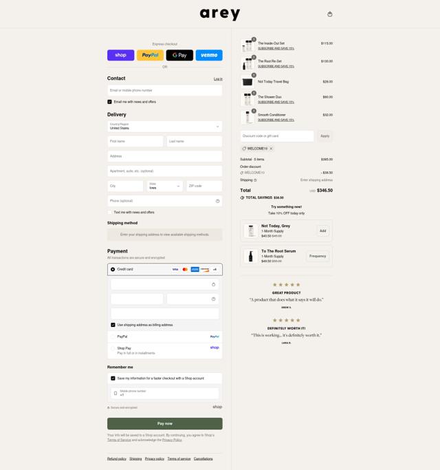Arey checkout page showing Arey discount code box | Screenshot taken by SimplyCodes community member on Sep 7, 2025