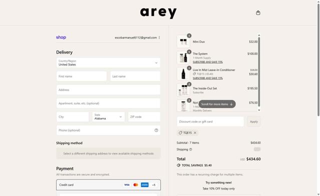 Arey checkout page showing Arey discount code box | Screenshot taken by SimplyCodes community member on Sep 10, 2025