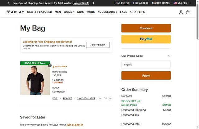 Ariat International checkout page showing Ariat International promo code box | Screenshot taken by SimplyCodes community member on Jun 13, 2025