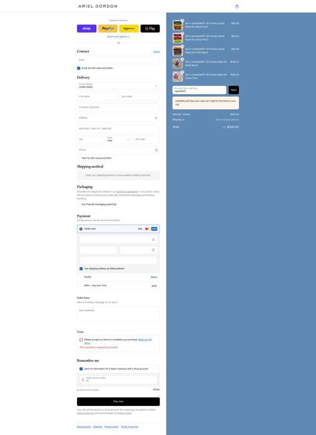 Ariel Gordon Jewelry checkout page showing Ariel Gordon Jewelry promo code box | Screenshot taken by SimplyCodes community member on Sep 4, 2025