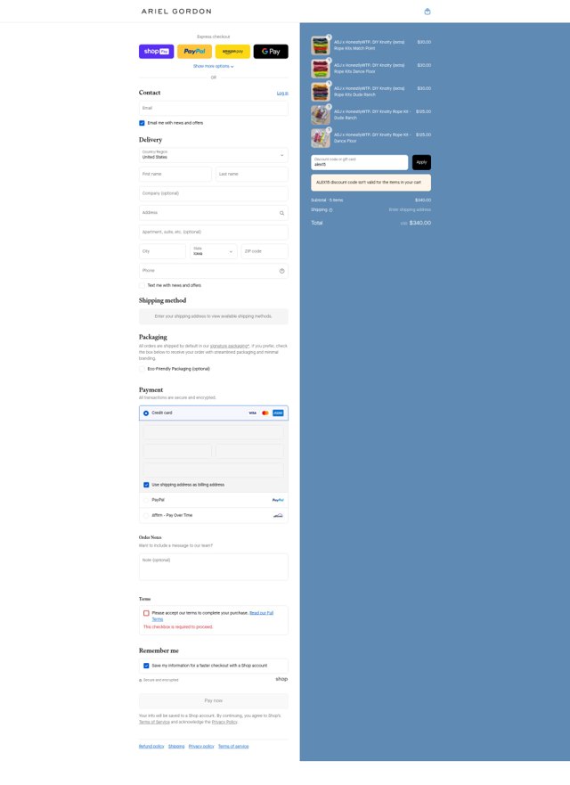 Ariel Gordon Jewelry checkout page showing Ariel Gordon Jewelry promo code box | Screenshot taken by SimplyCodes community member on Aug 22, 2025