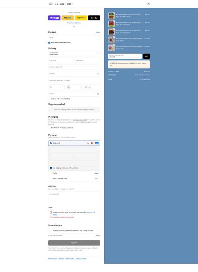Ariel Gordon Jewelry checkout page showing Ariel Gordon Jewelry promo code box | Screenshot taken by SimplyCodes community member on Aug 26, 2025