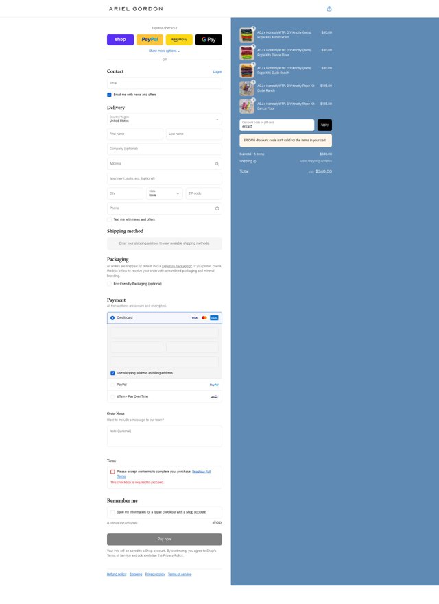 Ariel Gordon Jewelry checkout page showing Ariel Gordon Jewelry promo code box | Screenshot taken by SimplyCodes community member on Sep 4, 2025