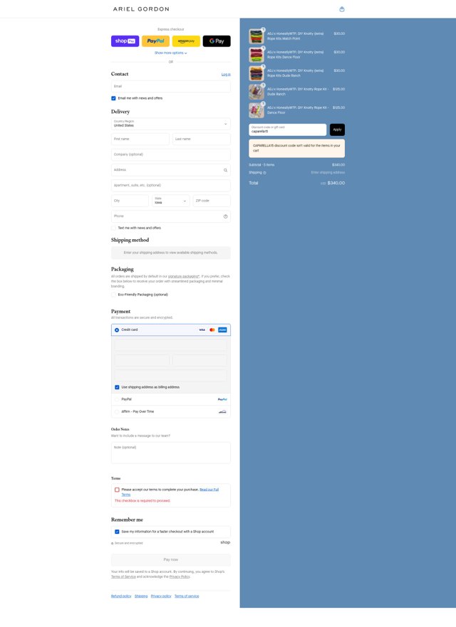 Ariel Gordon Jewelry checkout page showing Ariel Gordon Jewelry promo code box | Screenshot taken by SimplyCodes community member on Aug 22, 2025