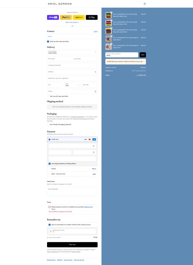 Ariel Gordon Jewelry checkout page showing Ariel Gordon Jewelry promo code box | Screenshot taken by SimplyCodes community member on Aug 26, 2025