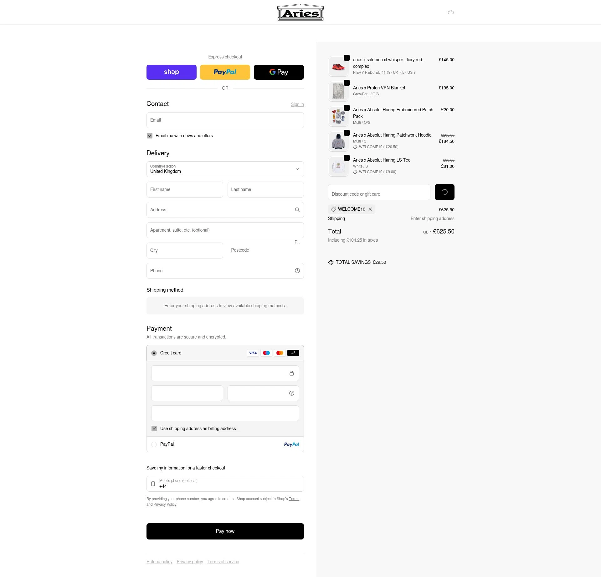 Aries checkout page showing Aries discount code box | Screenshot taken by SimplyCodes community member on Feb 6, 2026