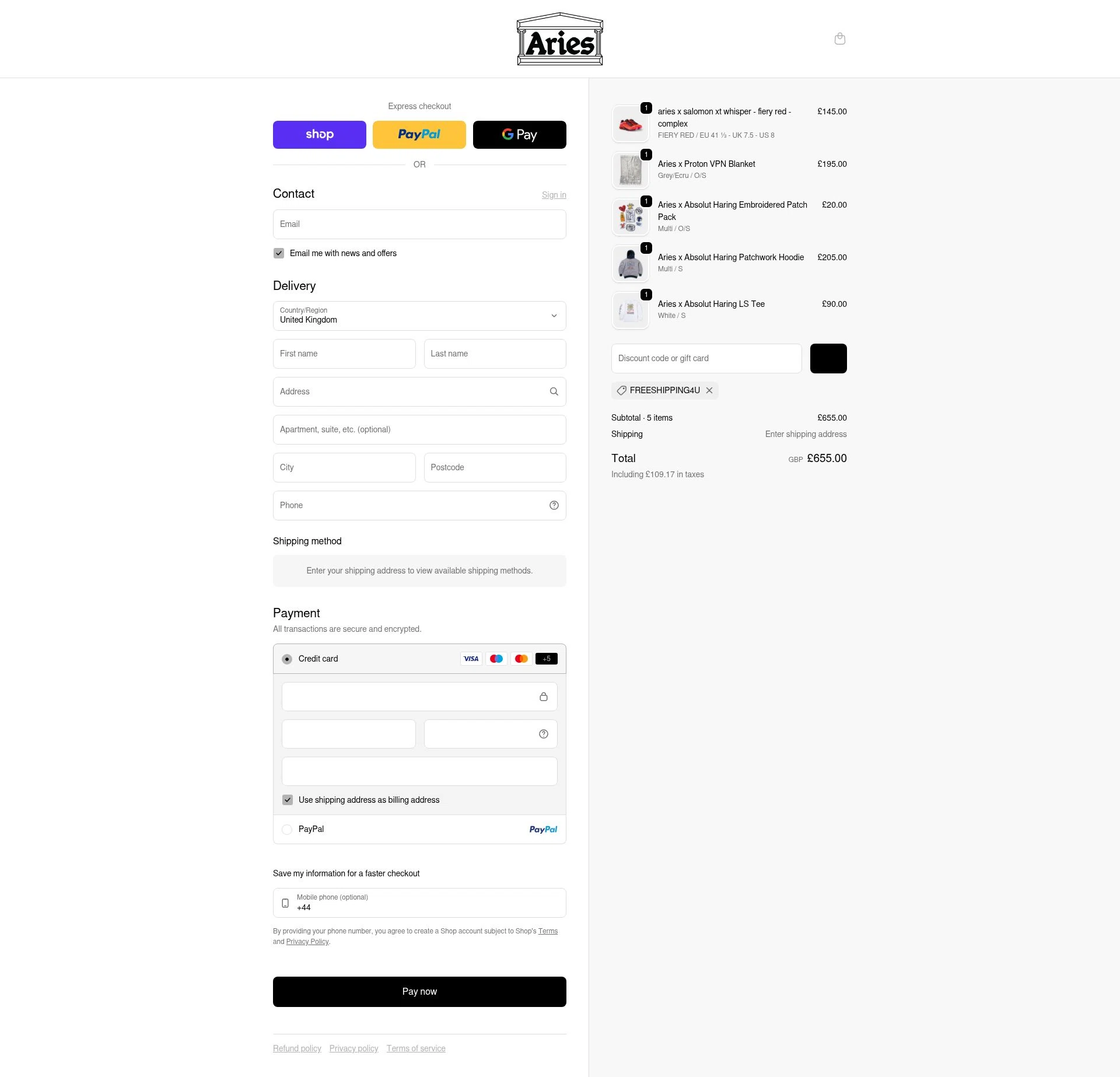 Aries checkout page showing Aries discount code box | Screenshot taken by SimplyCodes community member on Feb 2, 2026