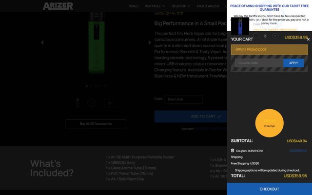 Arizer checkout page showing Arizer promo code box | Screenshot taken by SimplyCodes community member on Aug 16, 2025
