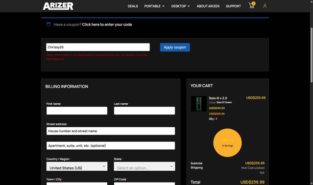 Arizer checkout page showing Arizer promo code box | Screenshot taken by SimplyCodes community member on Sep 1, 2025