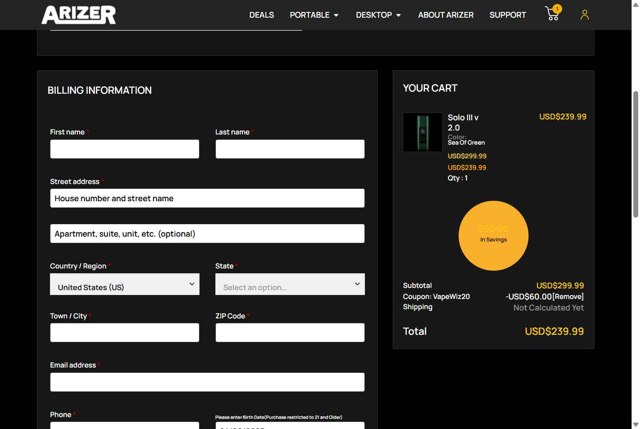 Arizer checkout page showing Arizer promo code box | Screenshot taken by SimplyCodes community member on Aug 24, 2025