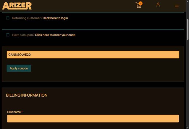 Arizer checkout page showing Arizer promo code box | Screenshot taken by SimplyCodes community member on Aug 11, 2025