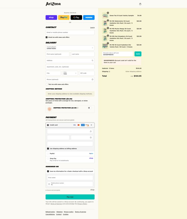 AriZona checkout page showing AriZona discount code box | Screenshot taken by SimplyCodes community member on Sep 6, 2025