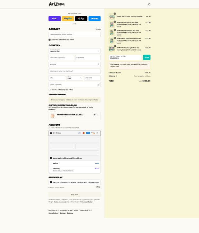 AriZona checkout page showing AriZona discount code box | Screenshot taken by SimplyCodes community member on Sep 6, 2025