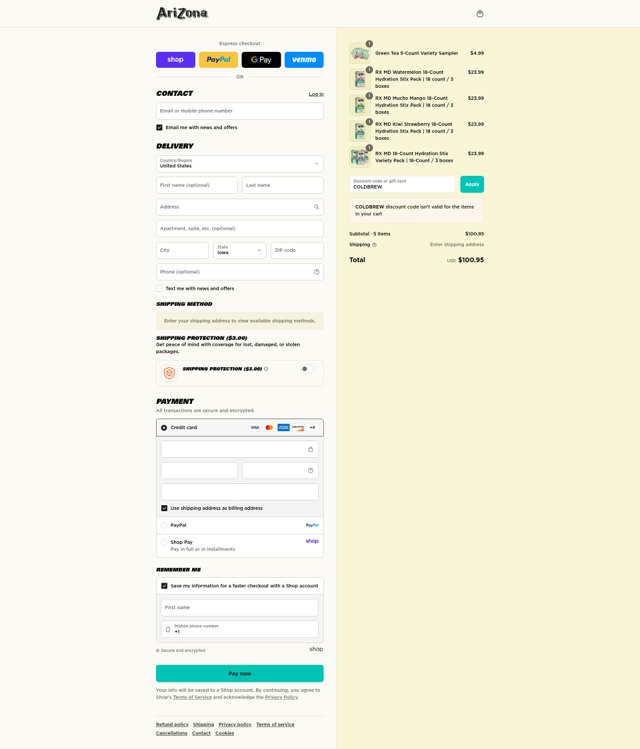 AriZona checkout page showing AriZona discount code box | Screenshot taken by SimplyCodes community member on Sep 2, 2025