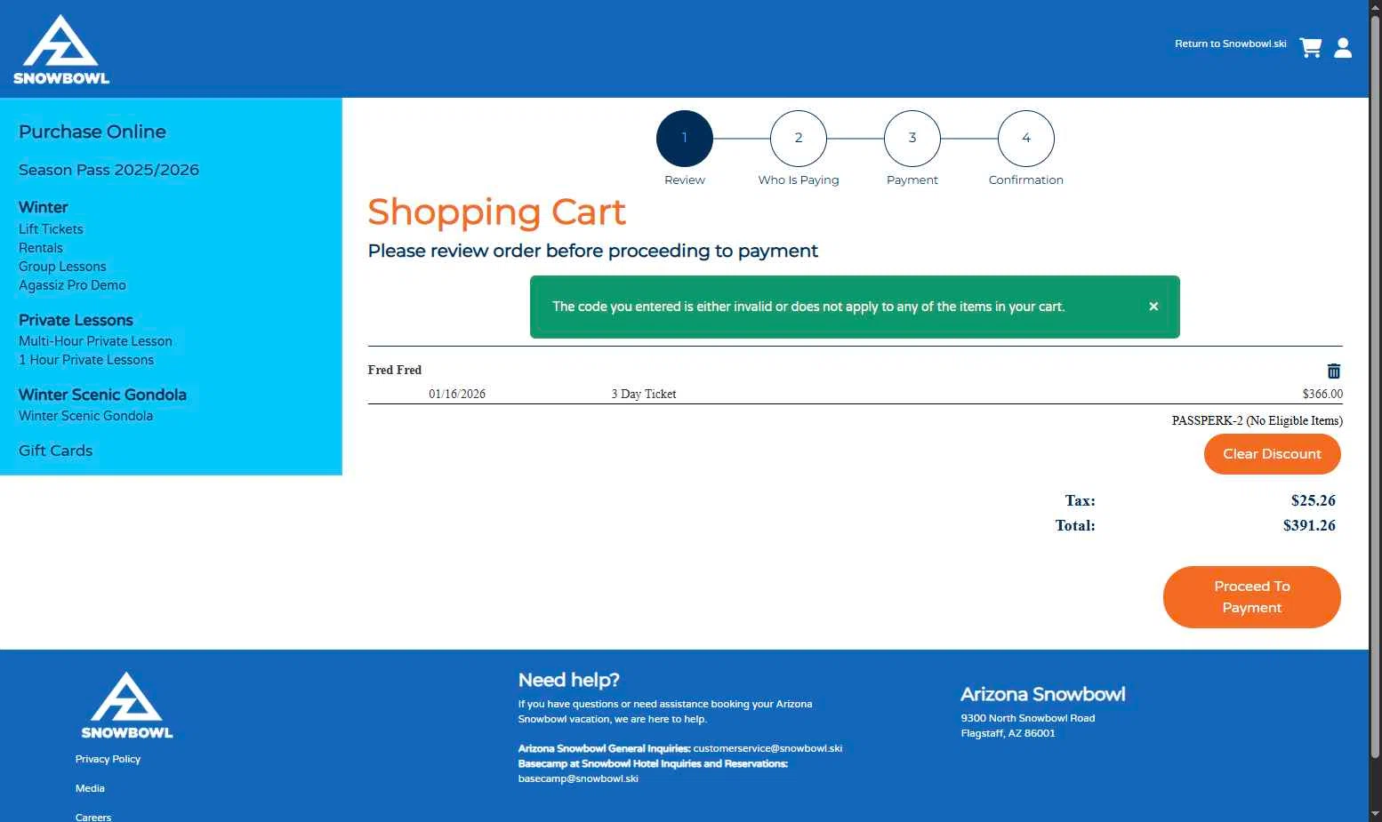 Arizona Snowbowl checkout page showing Arizona Snowbowl discount code box | Screenshot taken by SimplyCodes community member on Jan 8, 2026