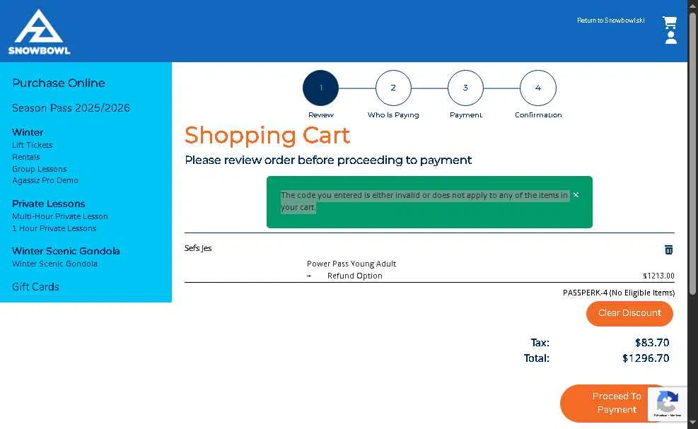Arizona Snowbowl checkout page showing Arizona Snowbowl discount code box | Screenshot taken by SimplyCodes community member on Jan 3, 2026