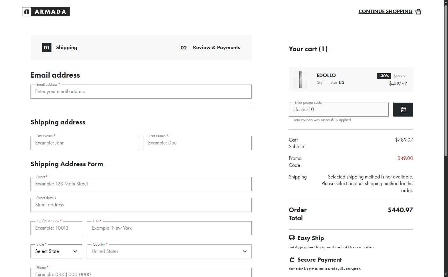 Armada checkout page showing Armada discount code box | Screenshot taken by SimplyCodes community member on Dec 9, 2025