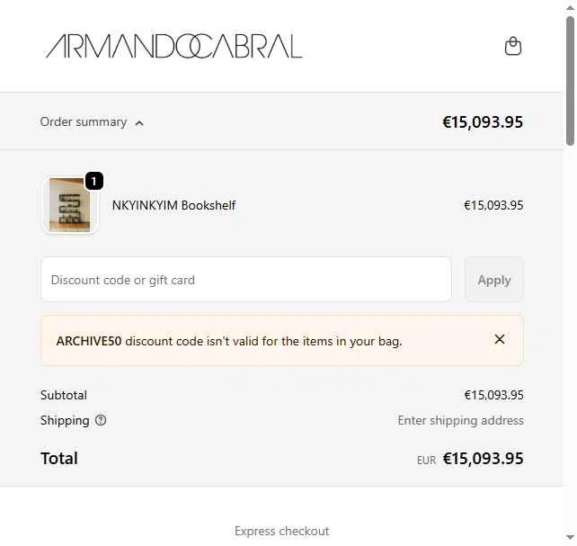 Armando Cabral checkout page showing Armando Cabral promo code box | Screenshot taken by SimplyCodes community member on Dec 22, 2025