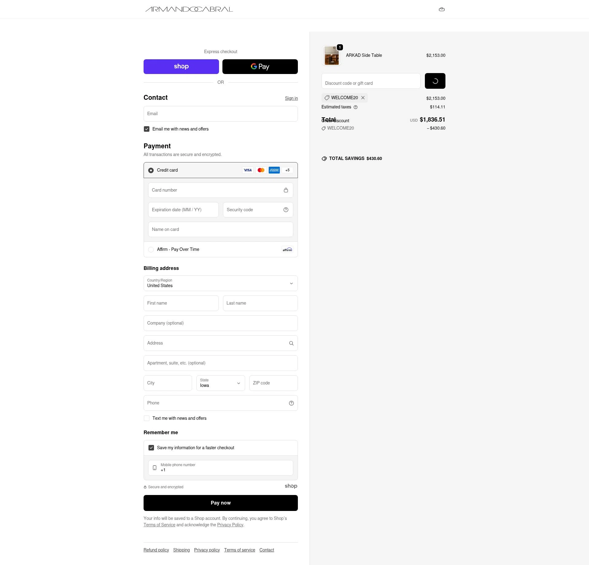 Armando Cabral checkout page showing Armando Cabral promo code box | Screenshot taken by SimplyCodes community member on Jan 1, 2026