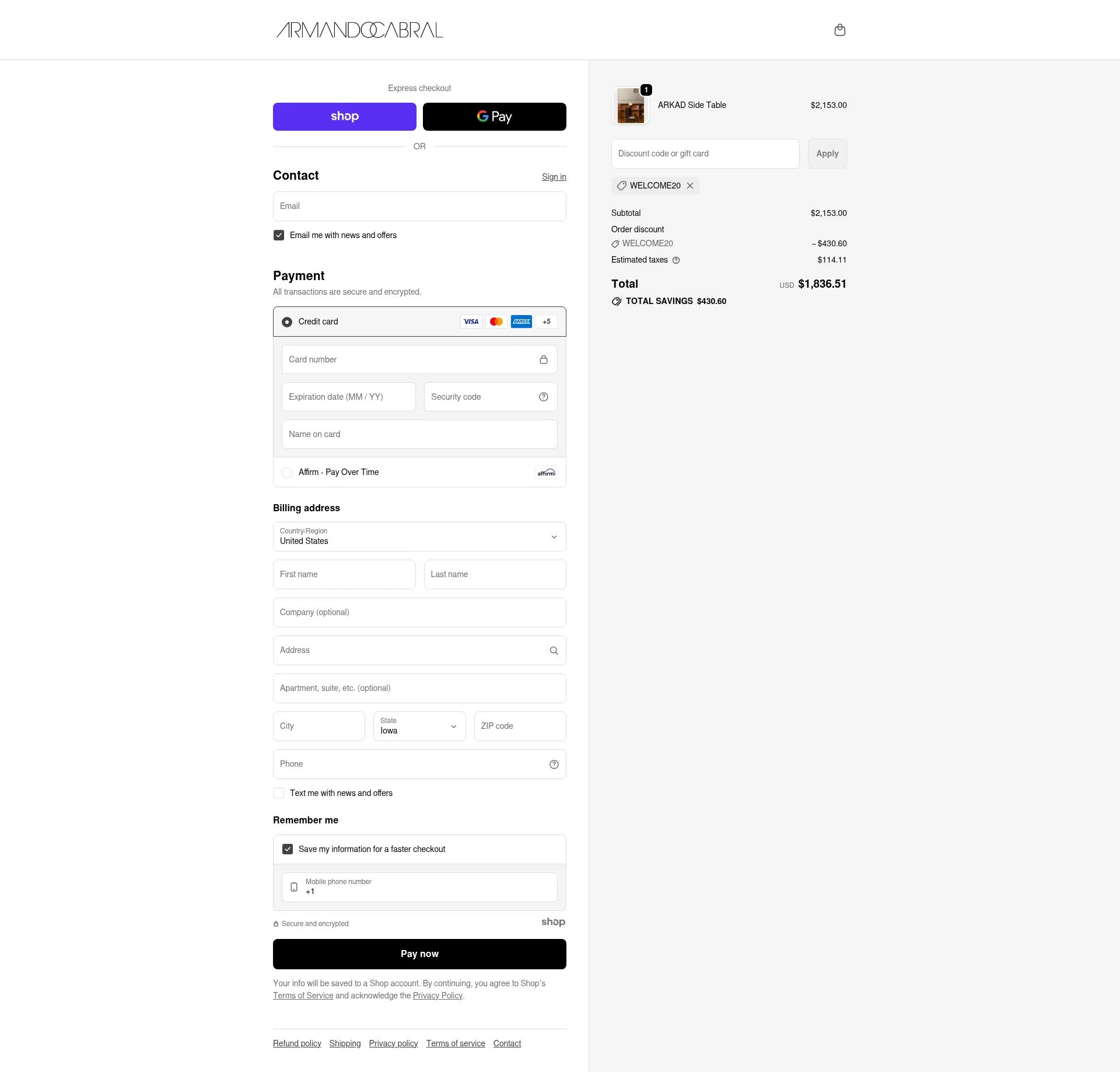 Armando Cabral checkout page showing Armando Cabral promo code box | Screenshot taken by SimplyCodes community member on Dec 15, 2025