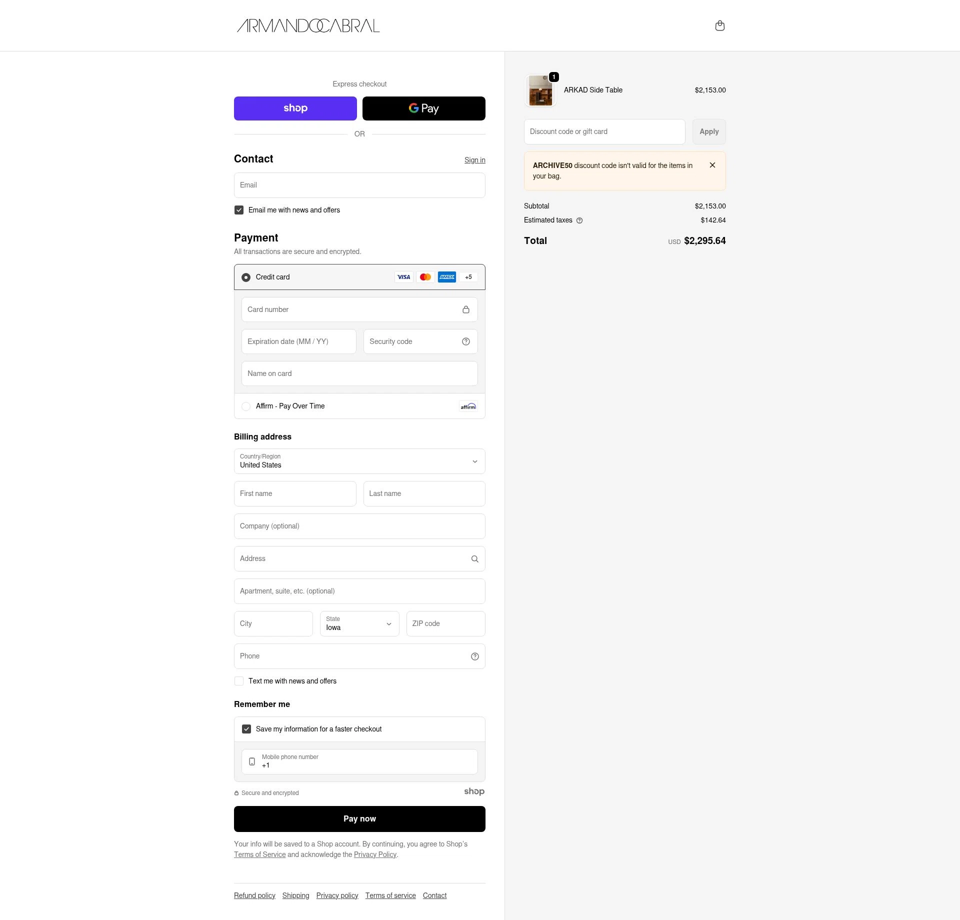 Armando Cabral checkout page showing Armando Cabral promo code box | Screenshot taken by SimplyCodes community member on Dec 27, 2025