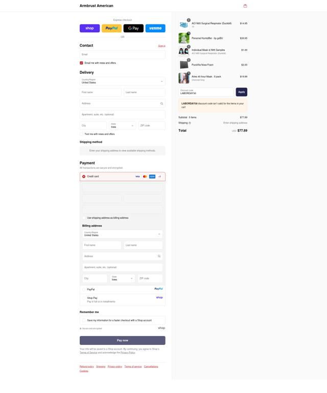 Armbrust American checkout page showing Armbrust American discount code box | Screenshot taken by SimplyCodes community member on Sep 13, 2025
