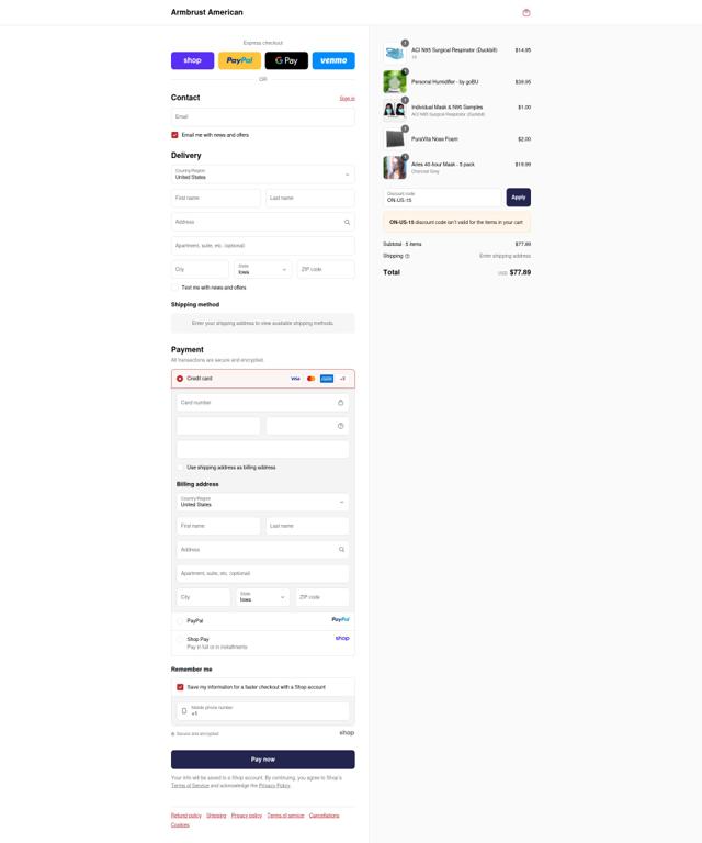 Armbrust American checkout page showing Armbrust American discount code box | Screenshot taken by SimplyCodes community member on Sep 13, 2025