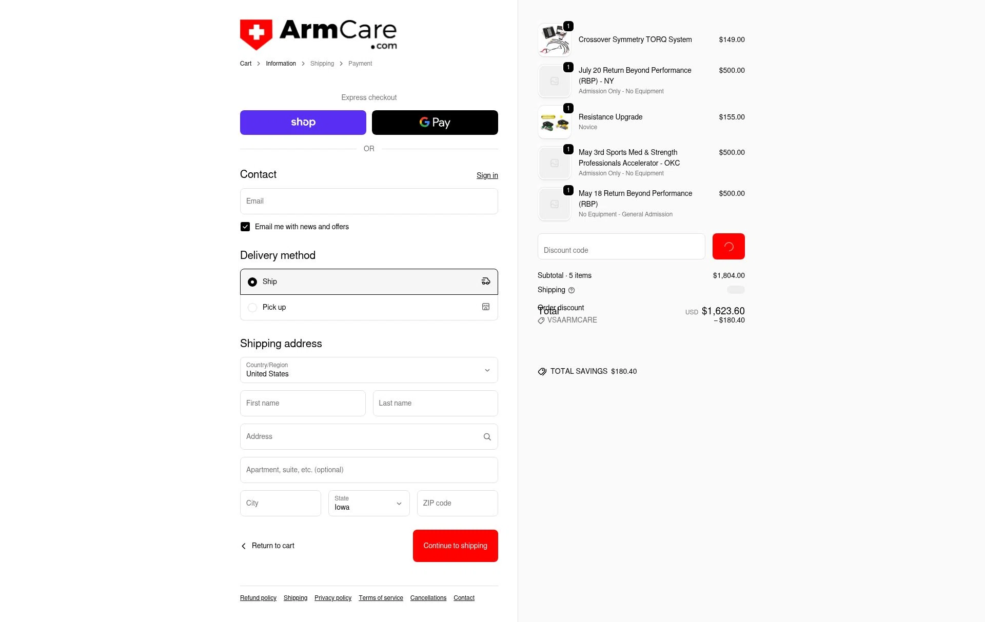 ArmCare checkout page showing ArmCare promo code box | Screenshot taken by SimplyCodes community member on Feb 19, 2026